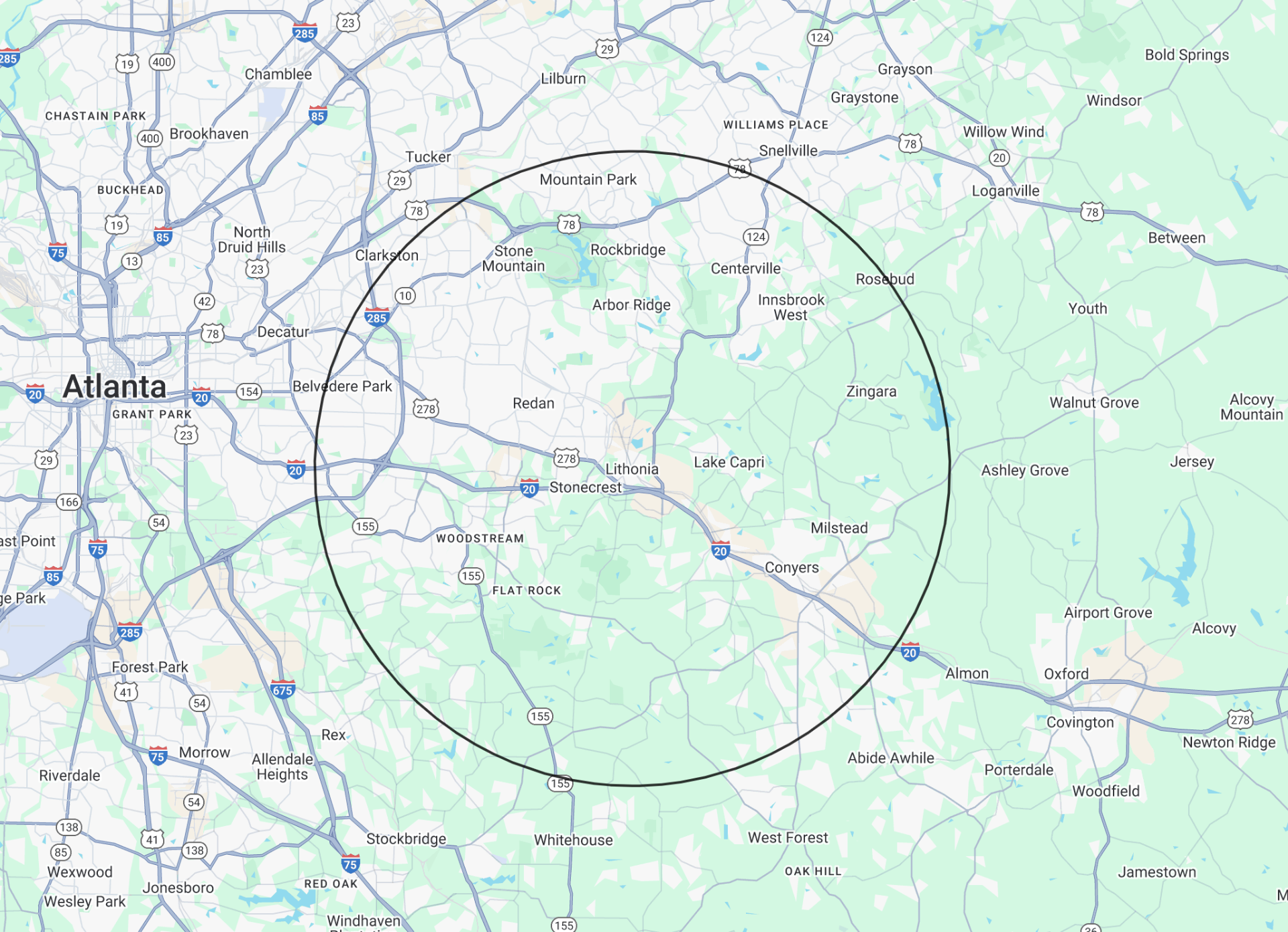 Dirtscape LLC Service Area Map - 10 mile radius around Lithonia, GA