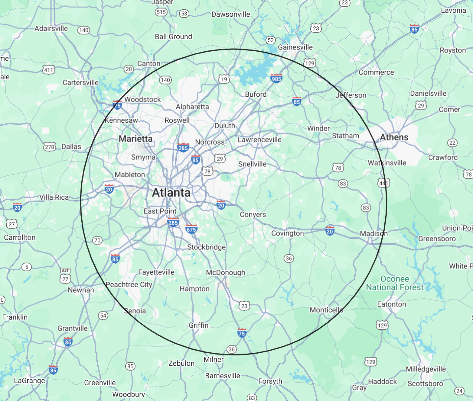Dirtscape LLC Service Area Map - 40 mile radius around Atlanta area for hardscaping